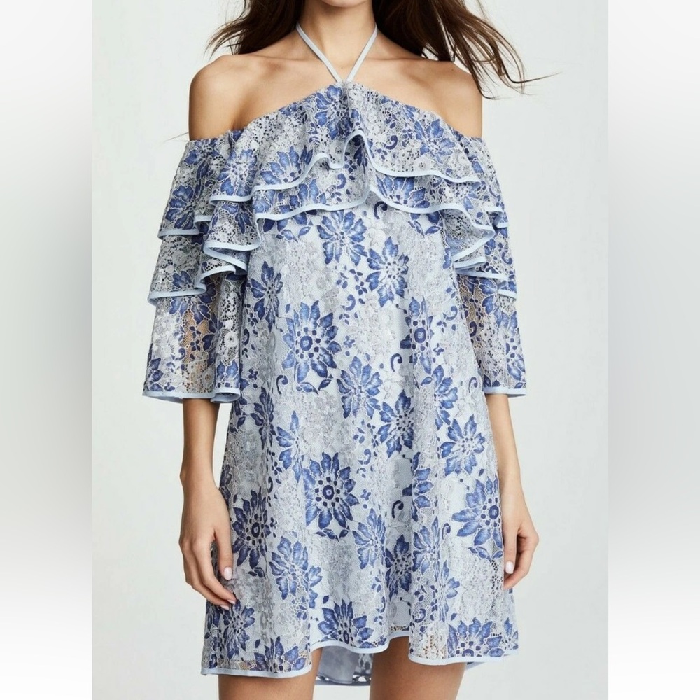 REBECCA MINKOFF Dena Blue Lace Ruffled Off Shoulder Dress XS Floral Romantic